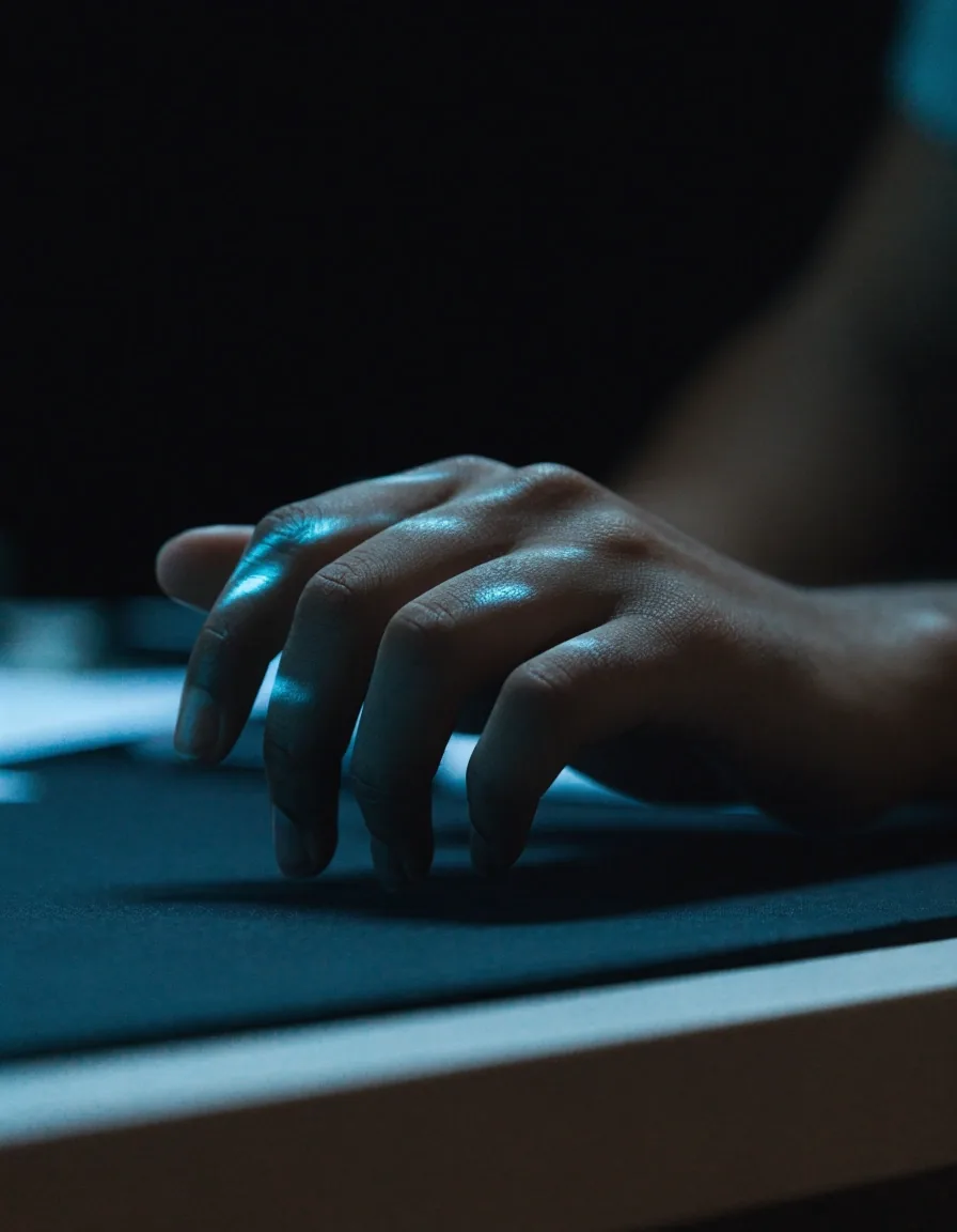 Detalhe de uma mão parada sobre o mousepad escuro entre duas tentativas, com luz fria vinda da tela