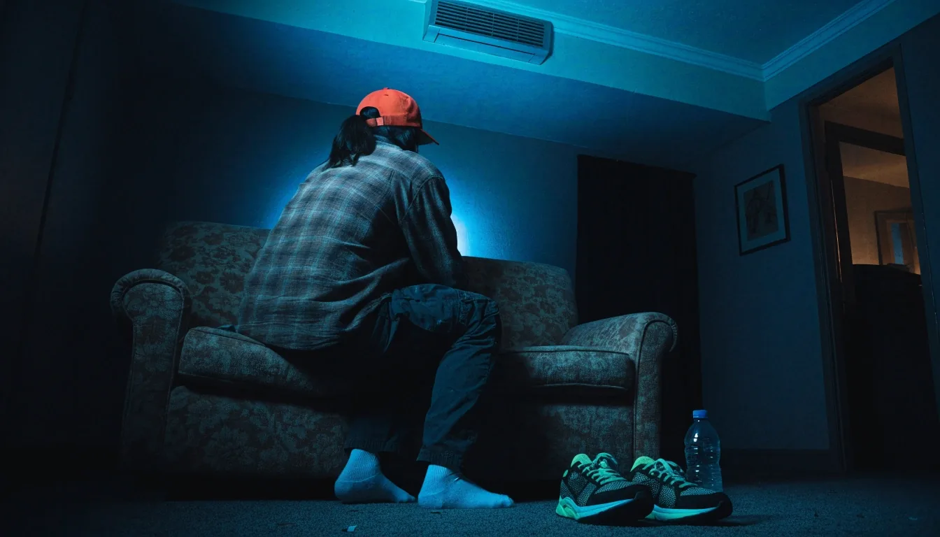 Mesa de trabalho à noite com luz fria de tela sobre as mãos de um jogador