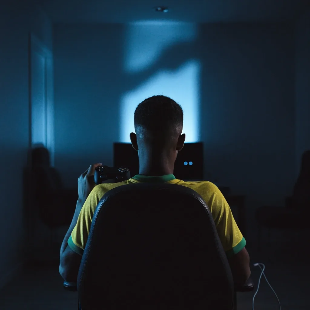 Jogador de costas para a câmera em uma sala escura, sentado diante da luz da tela fora de quadro