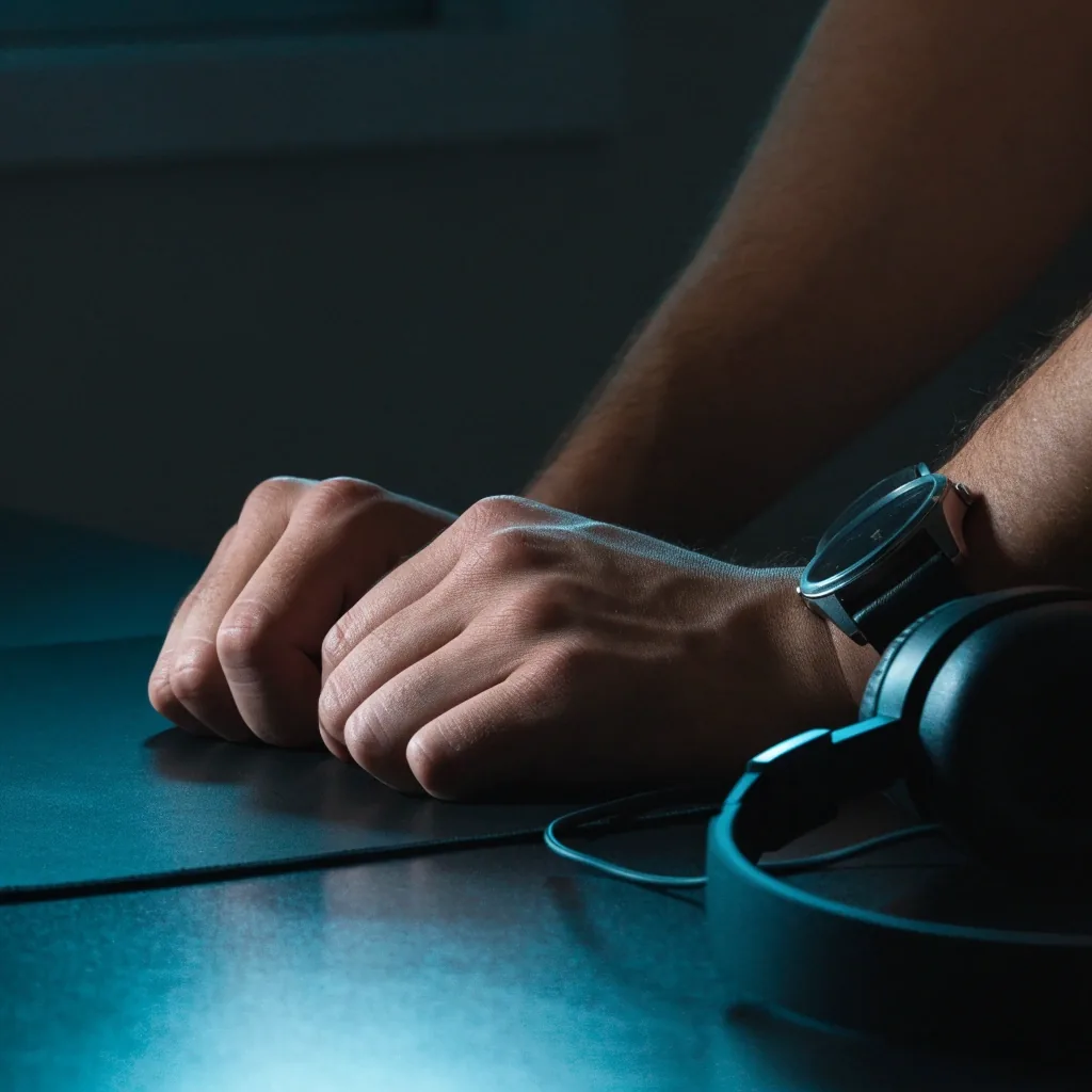 Mãos descansando sobre o mousepad escuro entre tentativas, com um fone de ouvido deitado ao lado